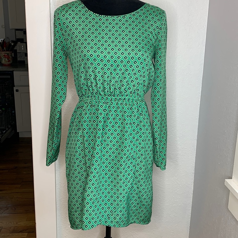 J.Crew Green Diamond Print Long Sleeve Dress Size 0 Lined Business Casual Preppy